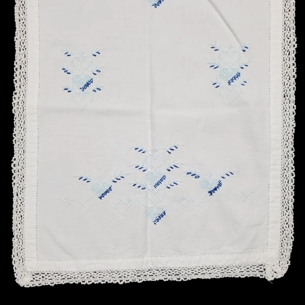 Embroidered Table Runner Dresser Scarf Heart Crochet Lace Blue White Vintage 36